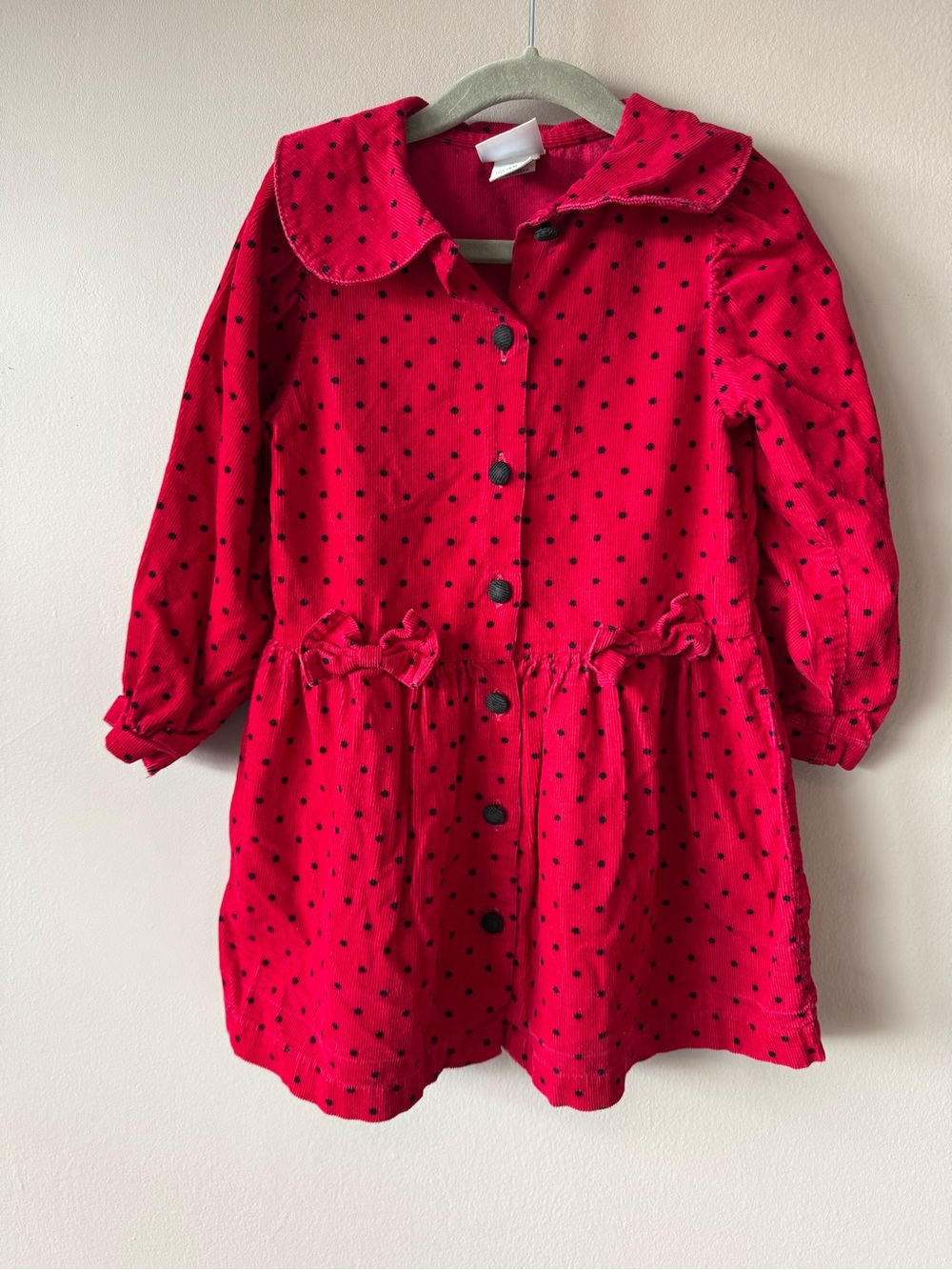 Vintage Osh Kosh B’Gosh‎ Red Corduroy Black Polka Dot Bow Dress Paper Tag Size 4